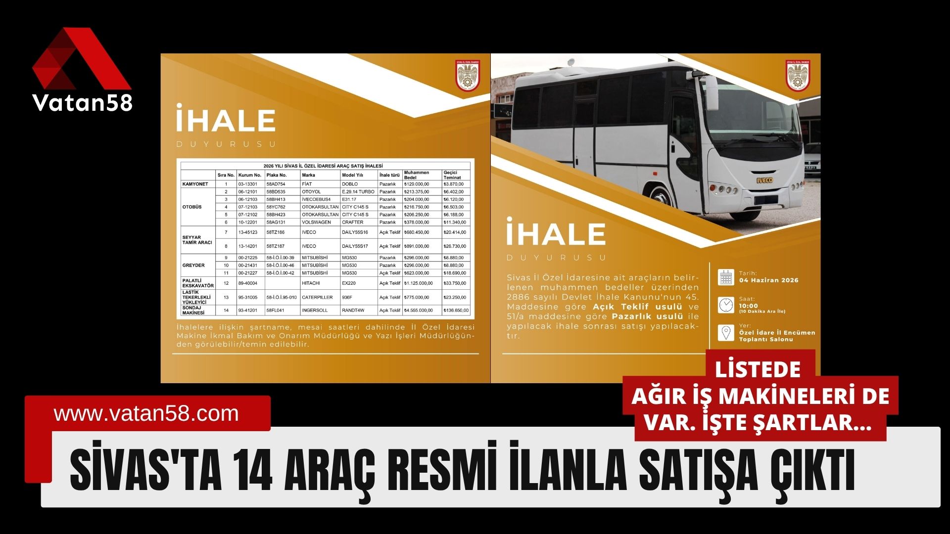 Sivas’ta 14 Araç Resmi İlanla Satışa Çıktı